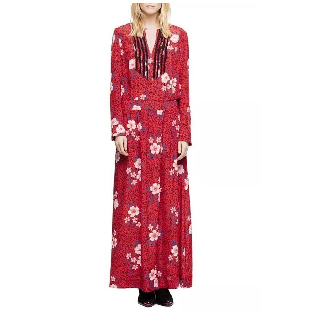 Zadig & Voltaire Remus Pensee Floral Silk Maxi Dress Size XS Red #2F504